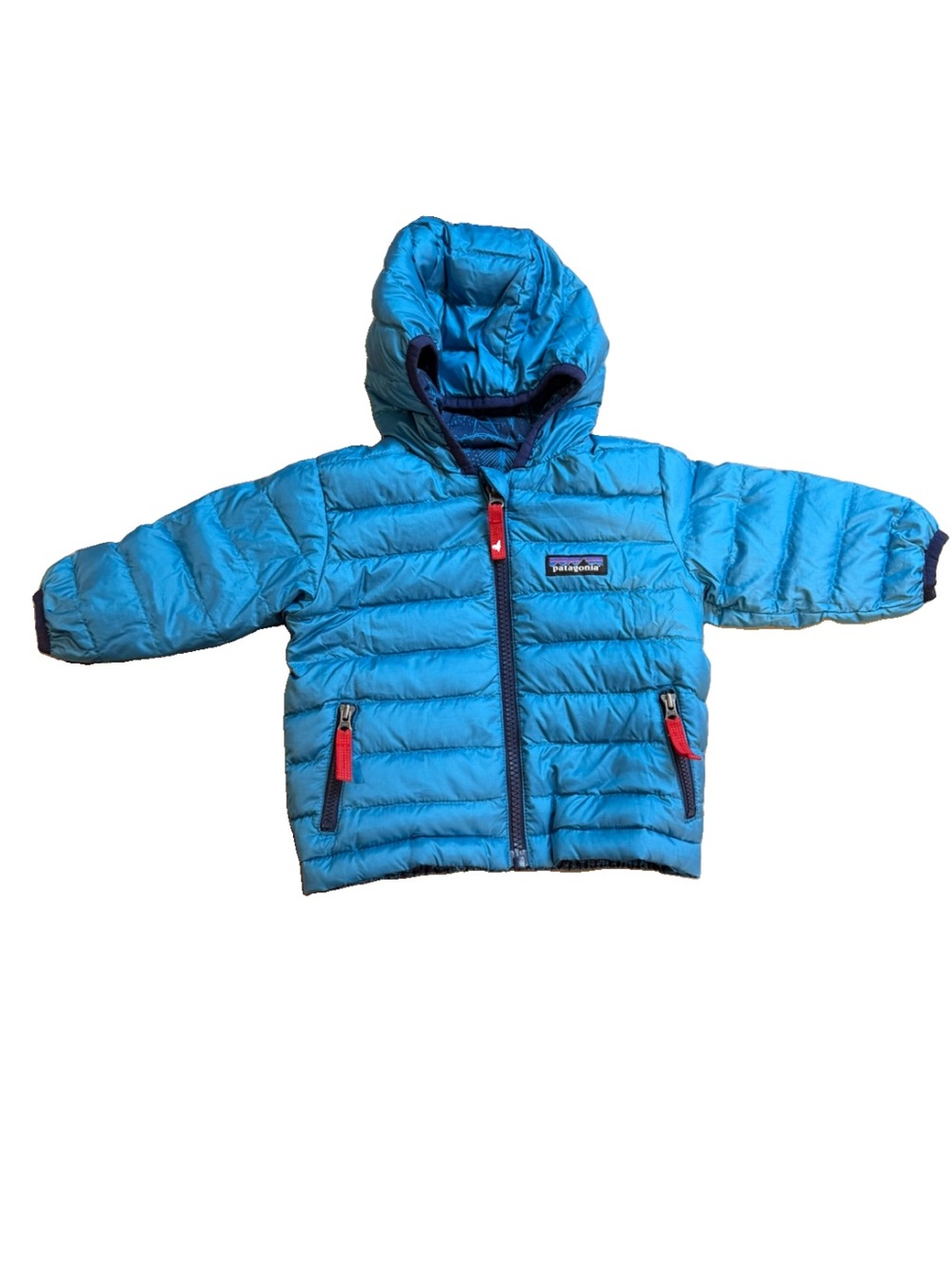 Patagonia Baby 6-12M Reversible Down Sweater Hoody Blue Mountain Print Puffer
